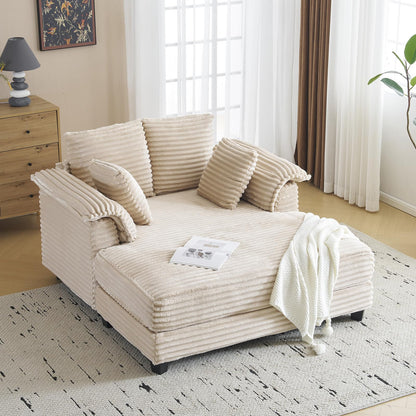 VINGLI 56" Oversized Chaise Lounge Chair, Beige Comfy Corduroy Chaise Sofa Recliner Bed Upholstered Sleeper Couch Bed with Throw Pillows and Armrests for Living Room, Movie Room, Bedroom