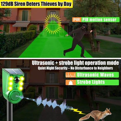 Solar Outdoor Motion Sensor Alarm - Ultrasound & Alarms 130db Motion Detector Loud Noise Maker,Strobe Light,for Home, Villa,Yard,Chicken coop,Farm,Barn.4 Work Modes.Say Goodbye to The Intruders 4Pack