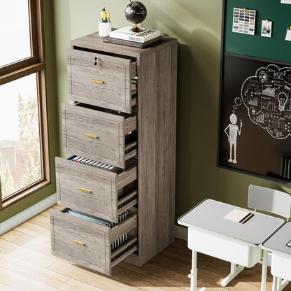 Tribesigns 4-Drawer File Cabinet with Lock, Locked File Cabinet with Key, Tall Wooden Filing Cabinets for Home Office, Vertical Office Storage for Legal Size/Letter/A4/Files, Grey