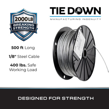 Tie Down 1/8" 7x19 Galvanized Steel Aircraft Cable – 500 ft Reel | Wire Rope for Deck Railings & Garage Doors