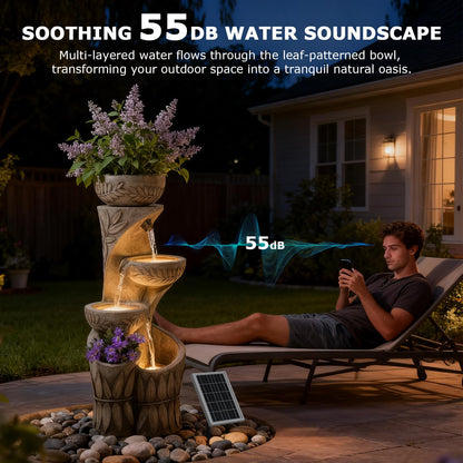 4 Tiered Solar Water Fountain Outdoor Garden, 35.6" Tall Cascading Bowl Leaf Carved Outdoor Waterfall Fountains Modern Water Feature with Dual Planters for Garden, Patio, Deck, Yard, Indoor Decor