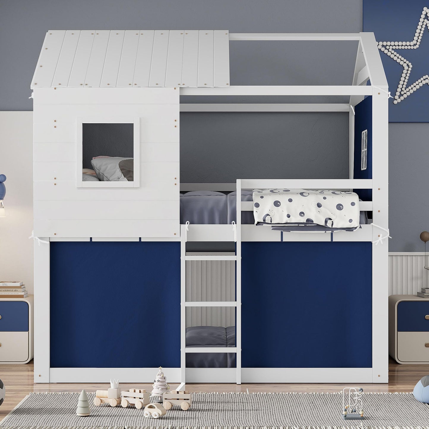 Full Over Full Bunk Bed with Tent, Wood Full Size House Bed Frame, Blue+White