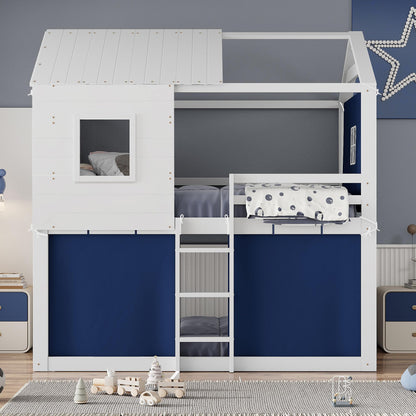 Full Over Full Bunk Bed with Tent, Wood Full Size House Bed Frame, Blue+White