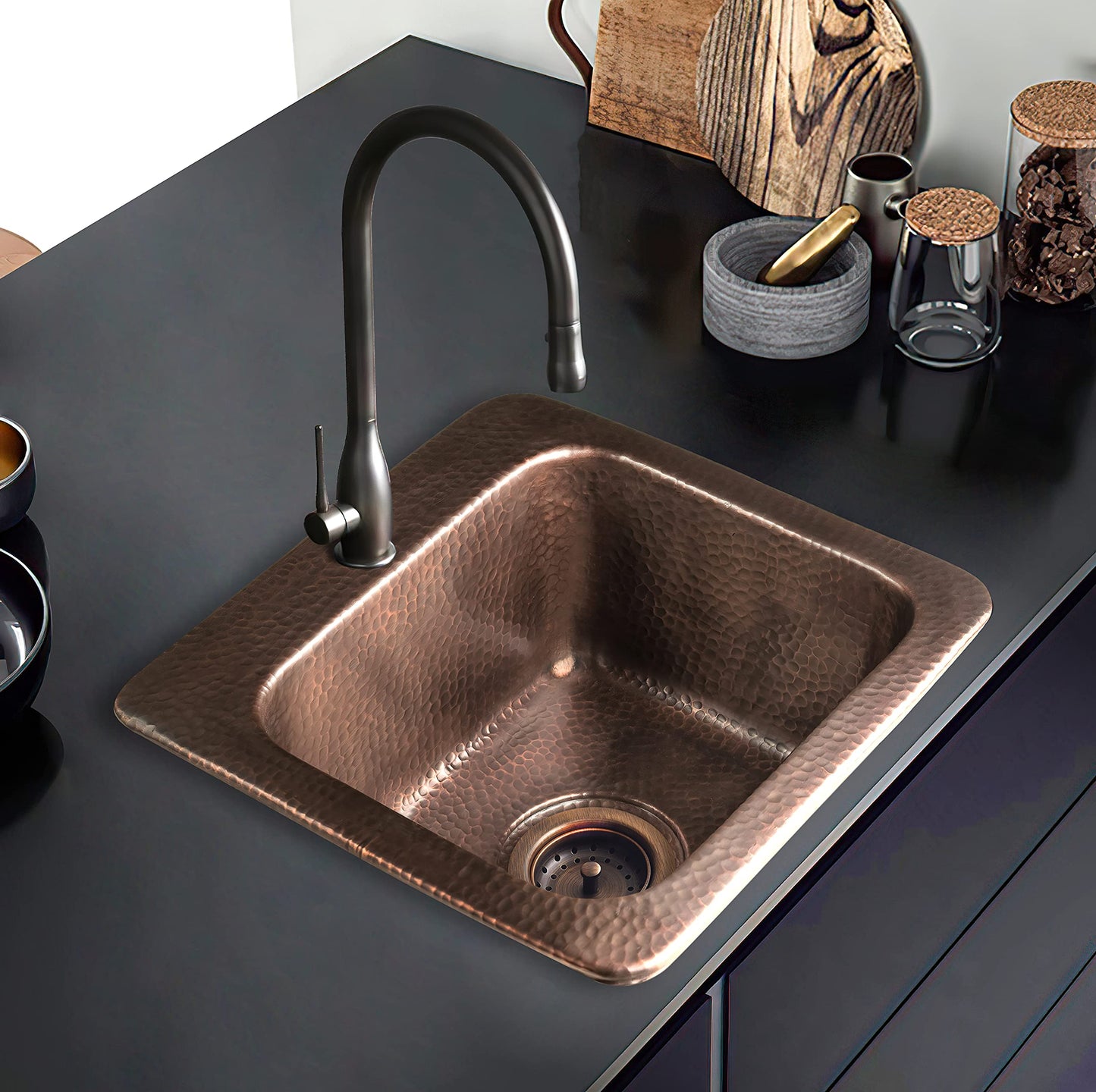 Monarch Abode Kitchen & Bar Sink – 15-inch Baxter Drop in Small Bar Sink, Hand Hammered Pure Copper Sinks with Faucet Hole for Wet Kitchens, Decorative Kitchen Sinks, Single Drop in RV Sinks