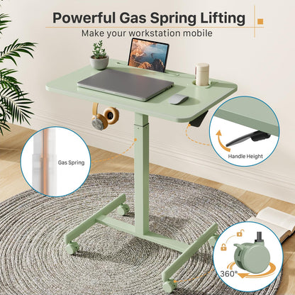 Liftsync Mobile Standing Desk, 28 inch Rolling Laptop Cart Adjustable Height with Cup Holder, Portable Table with 4 Lockable Wheels, Green Computer Workstation with Hook and Slots for Home Office