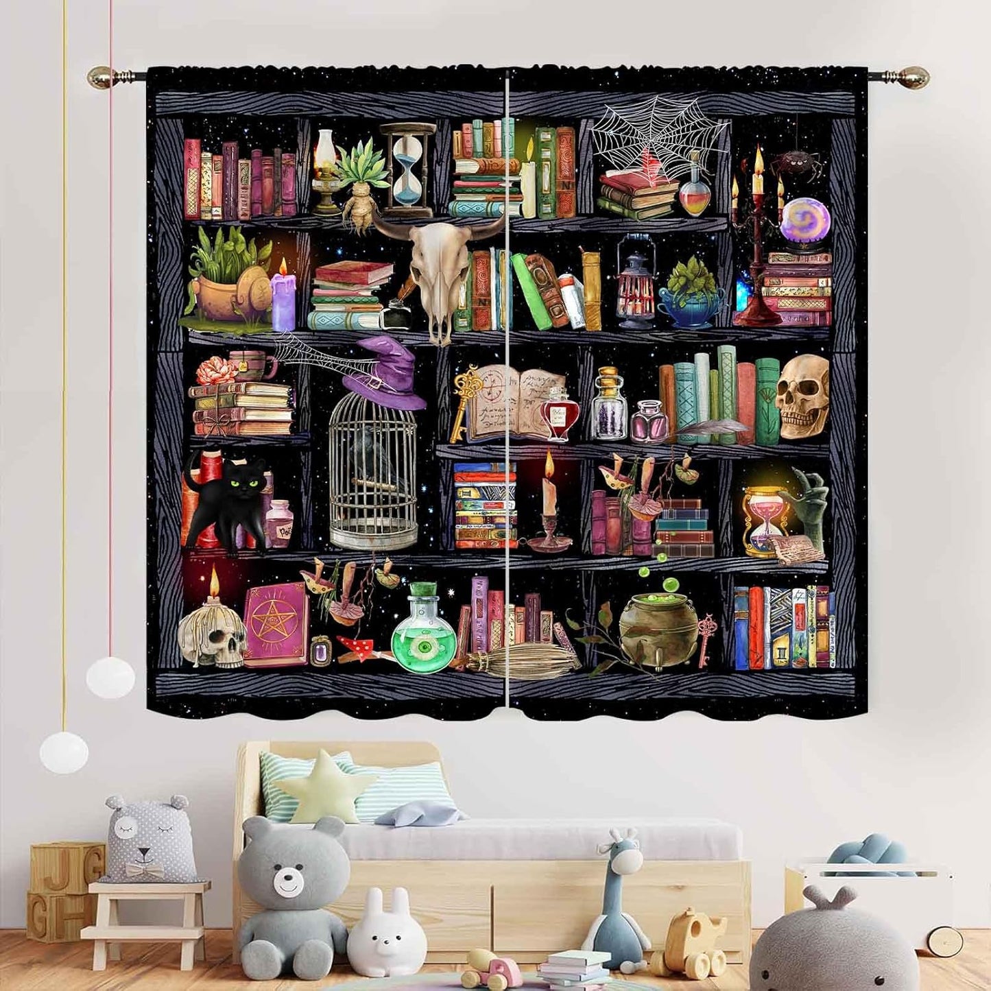 TKUYO 42"x45" Inch Witchy Curtains, Fantasy Magical Vintage Bookshelf Mysterious Bookcase Gothic Skull Spooky Gothe