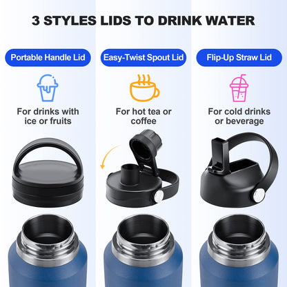 HYDROWION 40 oz Insulated Water Bottle with Straw fit in Car Cup Holder(Cold 48 hrs, Hot 24 hrs) Drinking Bottle with Straw Lid, Spout Lid and Flex Cap Leakproof Travel Thermo Mug，Black