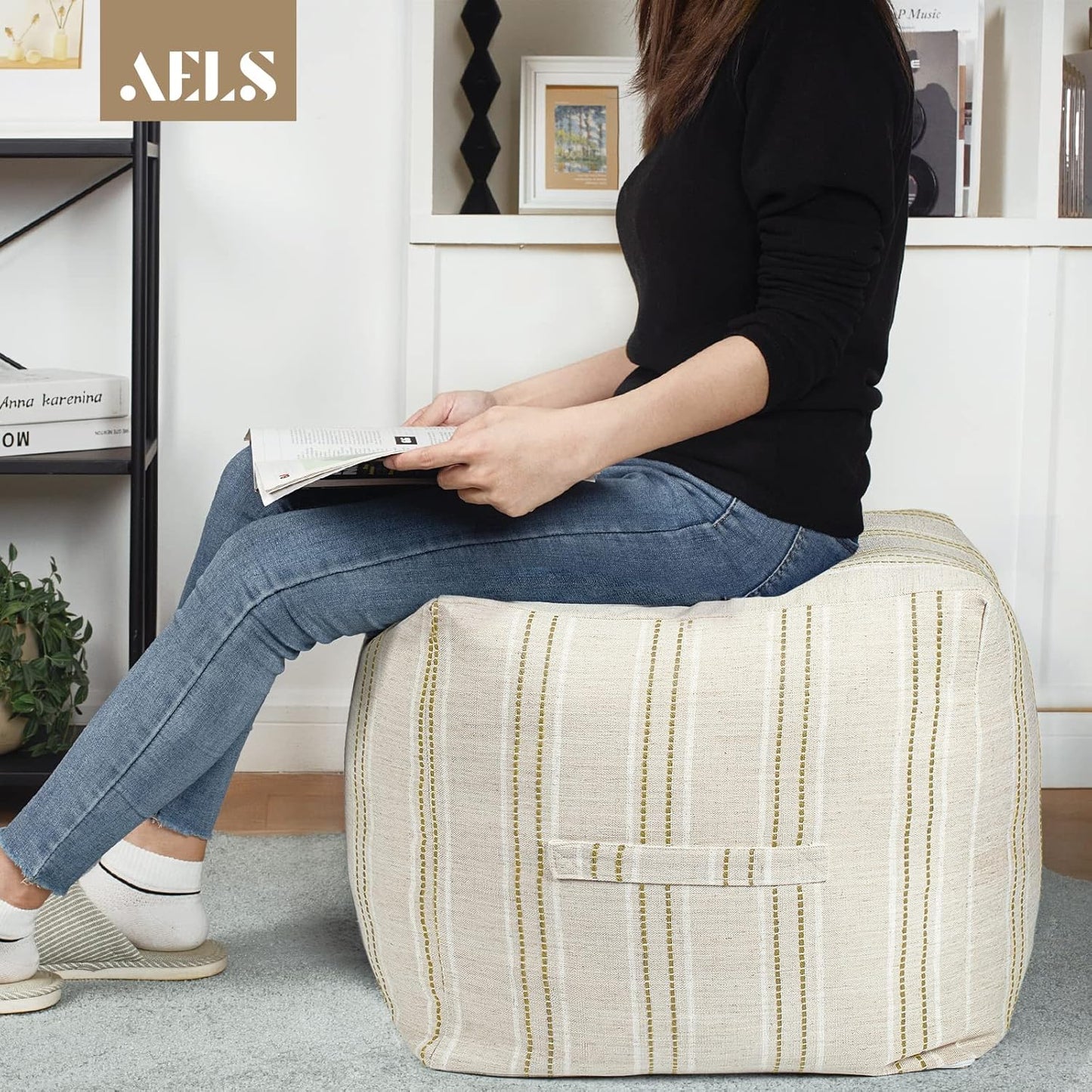 18"x18"x18", AELS Unstuffed Farmhouse Pouf Cover for Living Room, Boho Storage Bean Bag Cubes, Beige with Brown Stitch