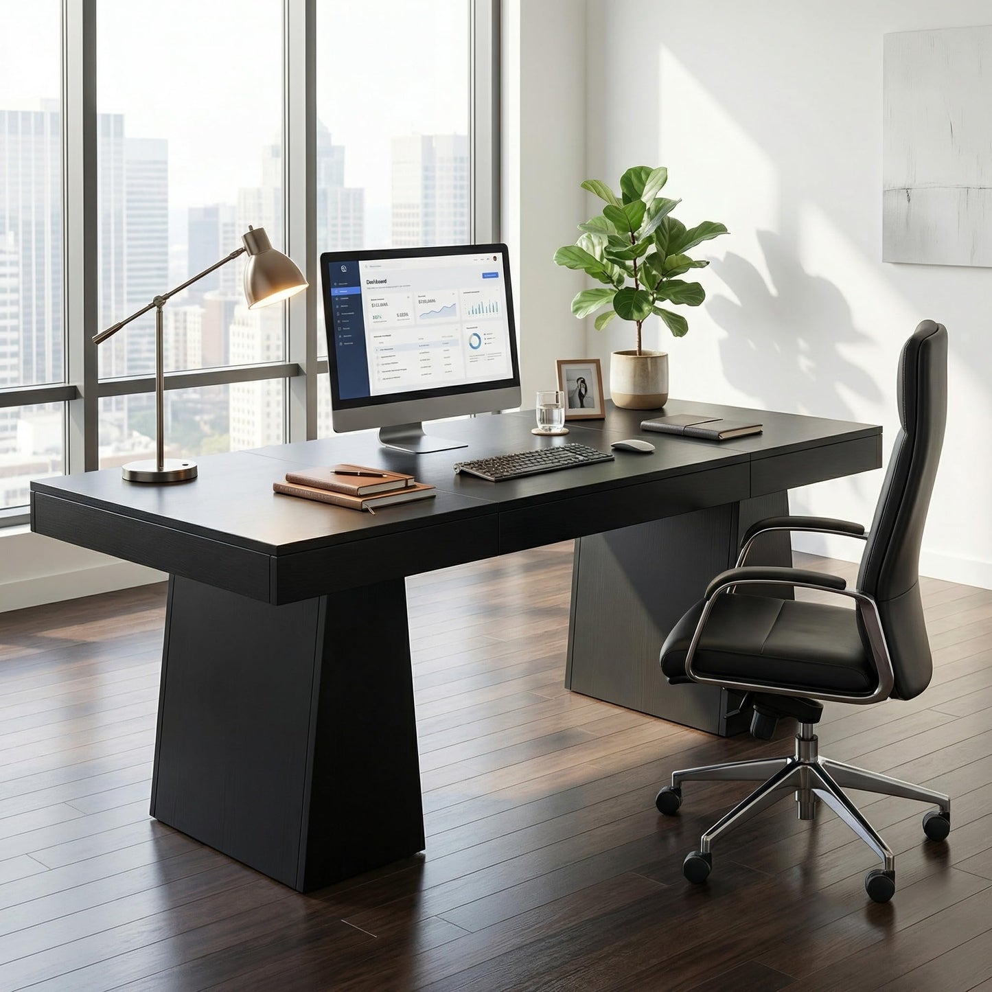 BouPower 55" Executive Desk, Wood Home Office Computer Desks with Double Trapezoid Pedestal, Mid-Century Modern Workstation Writing Table Conference Table Furniture, Black