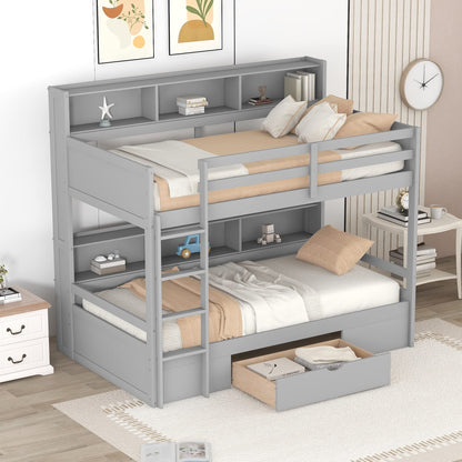 Ball & Cast Twin Over Twin Bunk Bed with Built-in Shelves Beside Both Upper and Down Bed & Storage Drawer, Twin Size Wooden Bunk Bed with Guardrails and Ladder for Kids,Teens,Adult,Gray