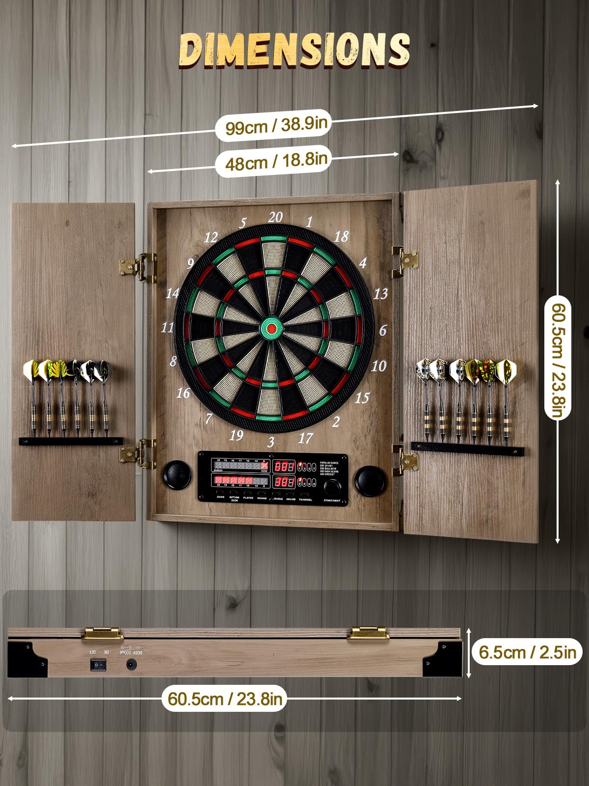 Yirinatek Electronic Dart Board, Decorative Dart Board Cabinet Set for Adults [12*Bronze Soft Tip Darts] [Cricket Game Mode] - Wooden Electric Dartboard Cabinet - Retro Case