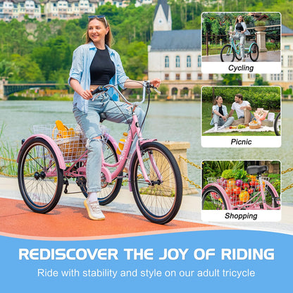 EOYOBIKE Adult Tricycle 3-Wheel Cruiser Bike, Low Step-Through, Heavy-Duty Comfort Trike with Adjustable Handlebar & Spring Saddle, Large Rear Basket, for Seniors & Adults (Blush Quartz, 20" Tire)