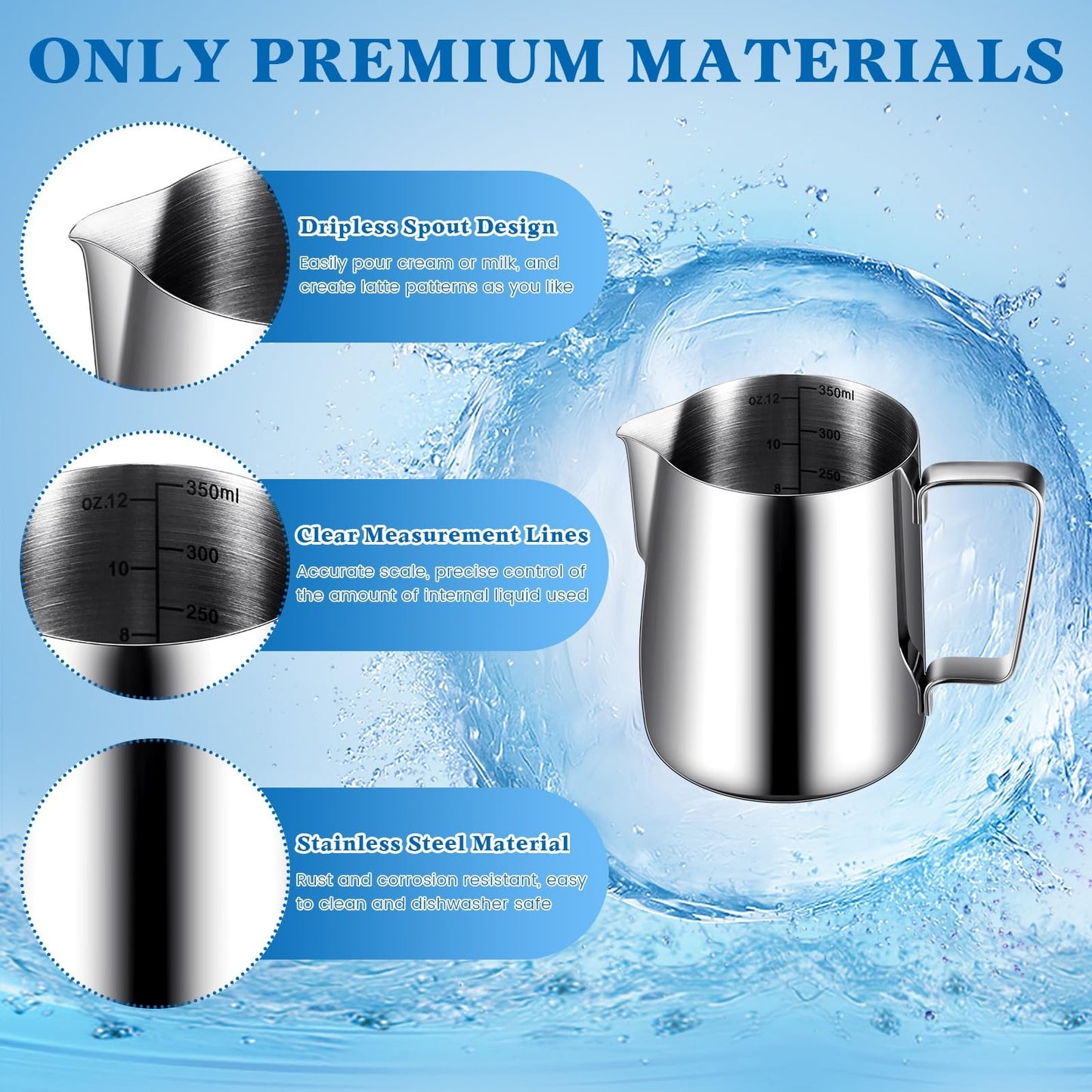 Dandat 4 Pcs Milk Frothing Pitcher 12 oz Espresso Steaming Pitcher Milk Frother Cup with Latte Art Pen Stainless Steel Coffee Bar Espresso Machine Accessories Cappuccino Barista Tools