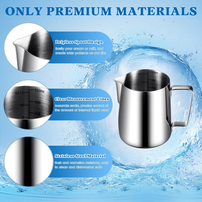 Dandat 4 Pcs Milk Frothing Pitcher 12 oz Espresso Steaming Pitcher Milk Frother Cup with Latte Art Pen Stainless Steel Coffee Bar Espresso Machine Accessories Cappuccino Barista Tools