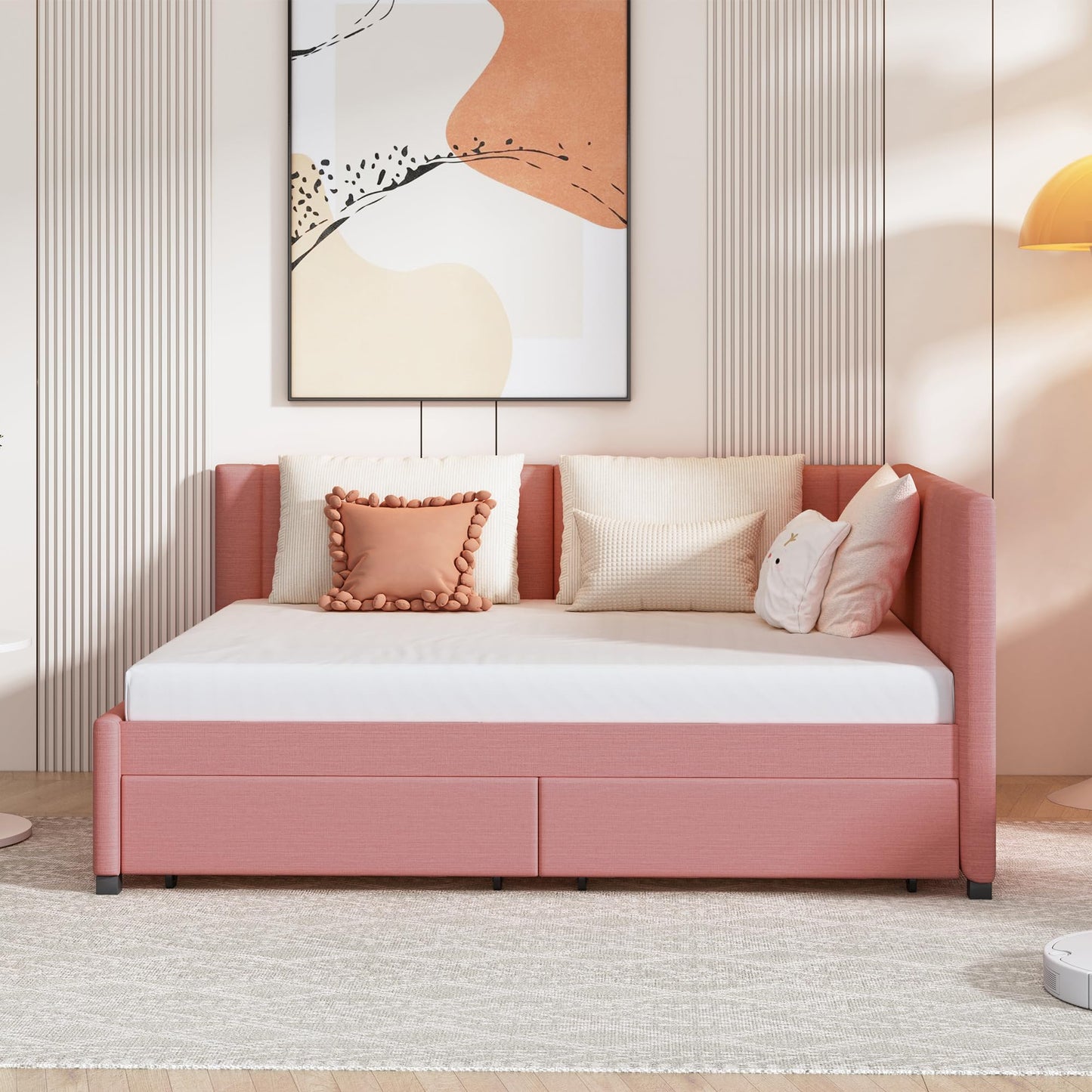 Merax Upholstered Daybed with 2 Storage Drawers, Full Size Sofa Bed Frame, No Box Spring Needed, Linen Fabric, Pink