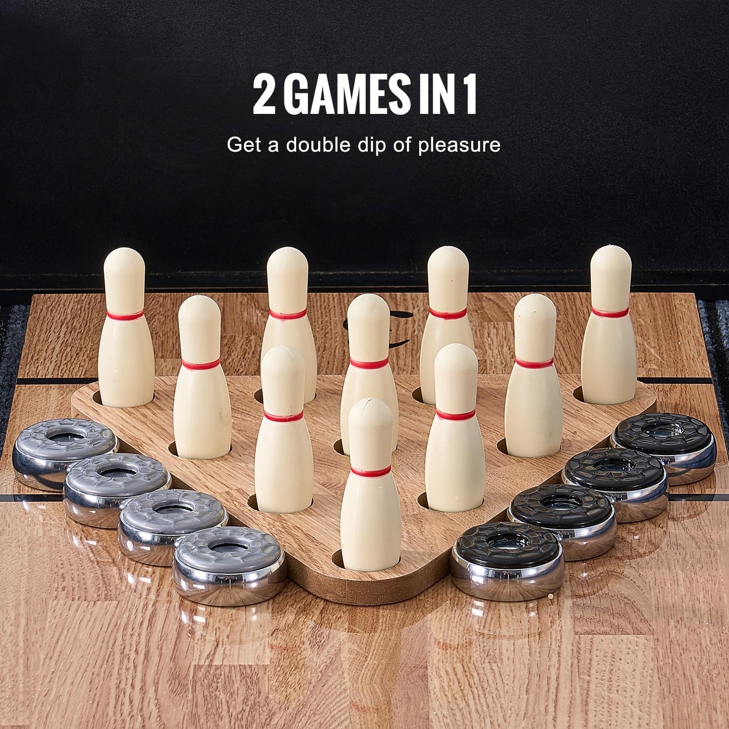 VEVOR Shuffleboard Table, 9 ft Shuffleboard for Family Game Rooms, 2 in 1 Shuffleboard and Bowling Combo Game Set, with Scratch-Resistant Playfield, Legs, 8 Pucks, Bowling Set, Wax, and Table Brush