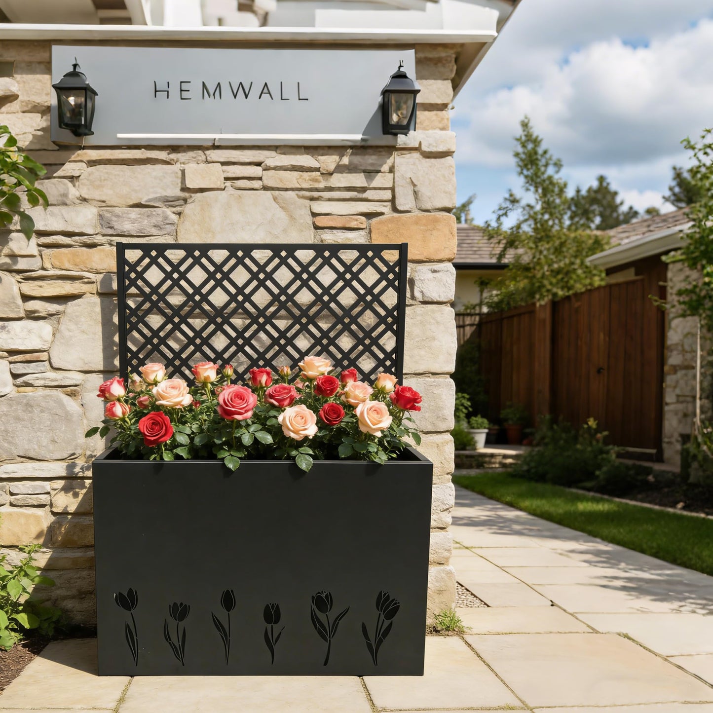 Amacv Tall Metal Planter Raised Garden Bed with Trellis 35.5in L x 11.9in W x 47.3in H - Large Flower Box Privacy Screen for Porch, Patio, Garden, Commercial Décor, Tulip Black