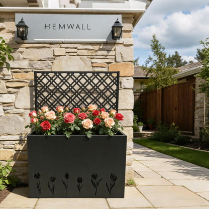 Amacv Tall Metal Planter Raised Garden Bed with Trellis 35.5in L x 11.9in W x 47.3in H - Large Flower Box Privacy Screen for Porch, Patio, Garden, Commercial Décor, Tulip Black
