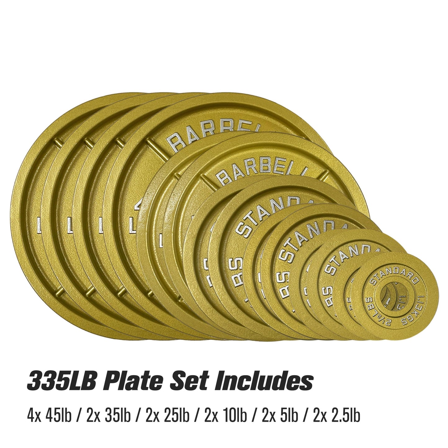 Gold Finish Olympic Steel Plates - Pairs and Sets 2 Inch Barbell Standard in Premium Gold for Weight Lifting (335lb Set)