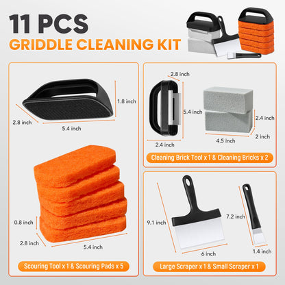 HE-SANQI Griddle Cleaning Kit for Blackstone, Flat Top Grill Cleaning Kit with Griddle Scraper, Grill Brick, Scouring Pads & Ergonomic Handles to Remove Grease, Burnt Residue (11 PCS)