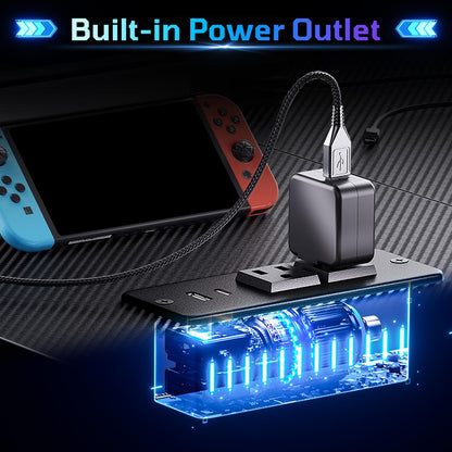 Bestier Gaming Desk with Power Outlets, 42" L-Shaped Computer Desk with LED Lights, Desk with Reversible Storage Shelves & Hooks for Small Spaces, Bedrooms & Offices, Black Carbon Fiber
