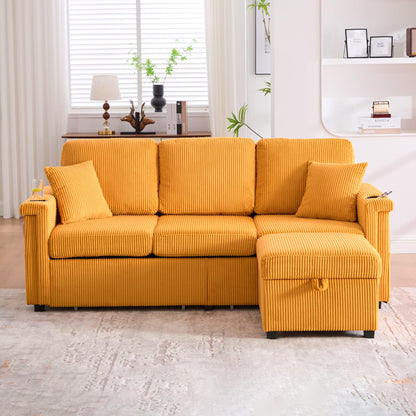 KEIKI 76" L-Shaped Modular Corduroy Sectional Sofa with Pull-Out Bed & 1 Movable Storage Ottoman & 2 Cup Holder & USB, Convertible 4-Seater Sleeper Couch Bed, Easy Assembly, for Living Room, Yellow