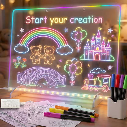 Tobaisaa LED Drawing Board for Kids, 16" Rechargeable Light Up Drawing Pad, Acrylic Dry Erase Board with 7 Markers & Cleaning Kit, Creative Gift for Boys Girls Ages 3 4 5 6 7 8 9 10 12+ Years Old