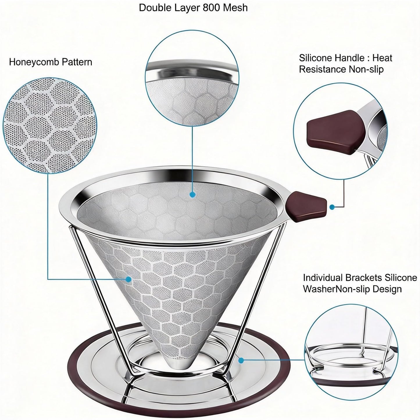 Vikuces®800 Mesh Reusable Pour Over Coffee Dripper, Metal Stainless Steel Honeycomb Filter, Paperless Cone Filter for Hario V60, Chemex and Mugs with Separate Stand, Single Cup Coffee Maker, 1-4 Cup