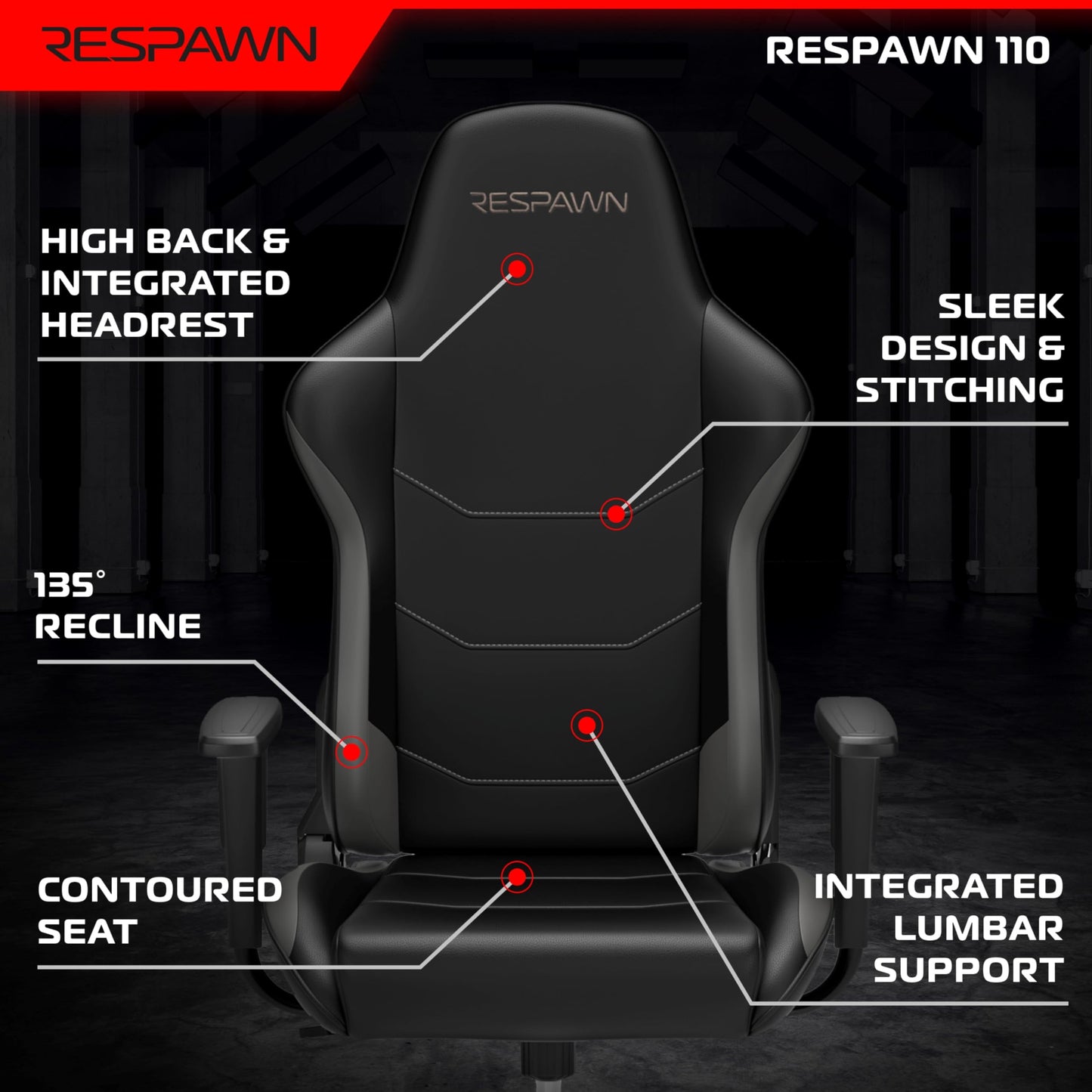 RESPAWN 110 Ergonomic Gaming Chair - Racing Style High Back PC Computer Desk Office Chair - 360 Swivel, Integrated Headrest, 135 Degree Recline with Adjustable Tilt Tension & Angle Lock - 2023 Grey