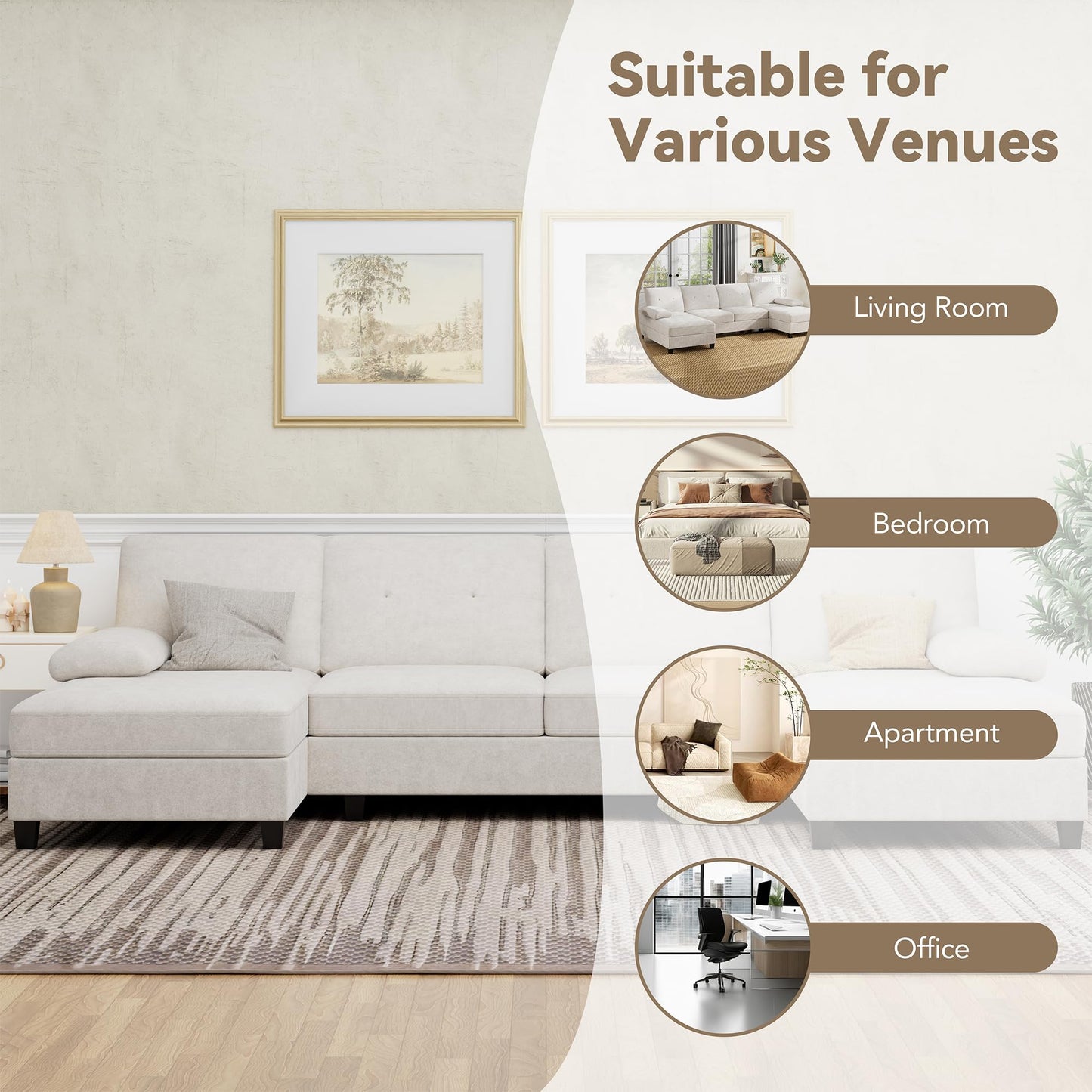 U-Shaped Sectional Couches for Living Room, 4 Seat Sofa with Double Chaise Lounges,Solid Wood Frame Sectional Sofa for Apartment,White