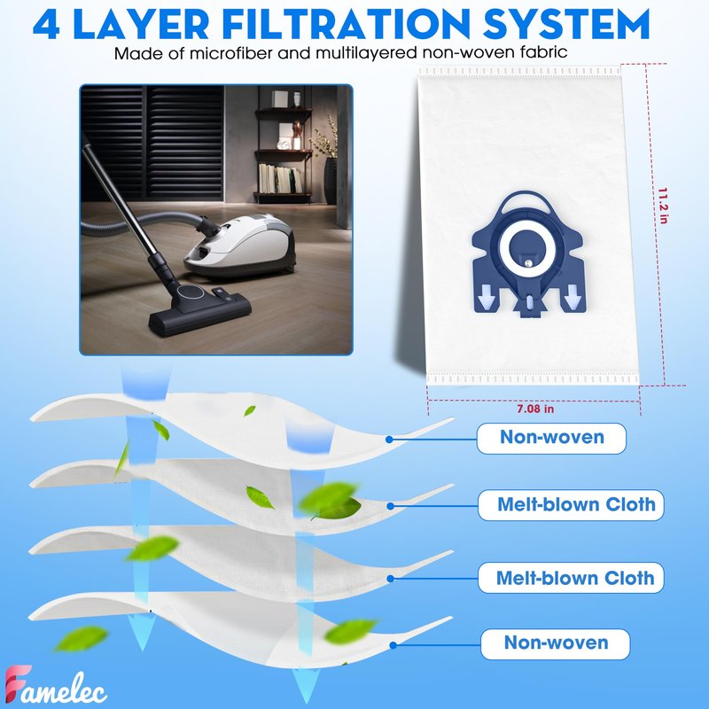 Combo For Miele Vacuum Cleaner Bags GN 8Pcs + 4Pcs Hepa AirClea 50 Filter, 3D Airclean For Miele GN Vacuum Cleaner Bags Model Complete C1, Complete C2, C3 S227 S240 S270 S400 S2 S5 S8 Series