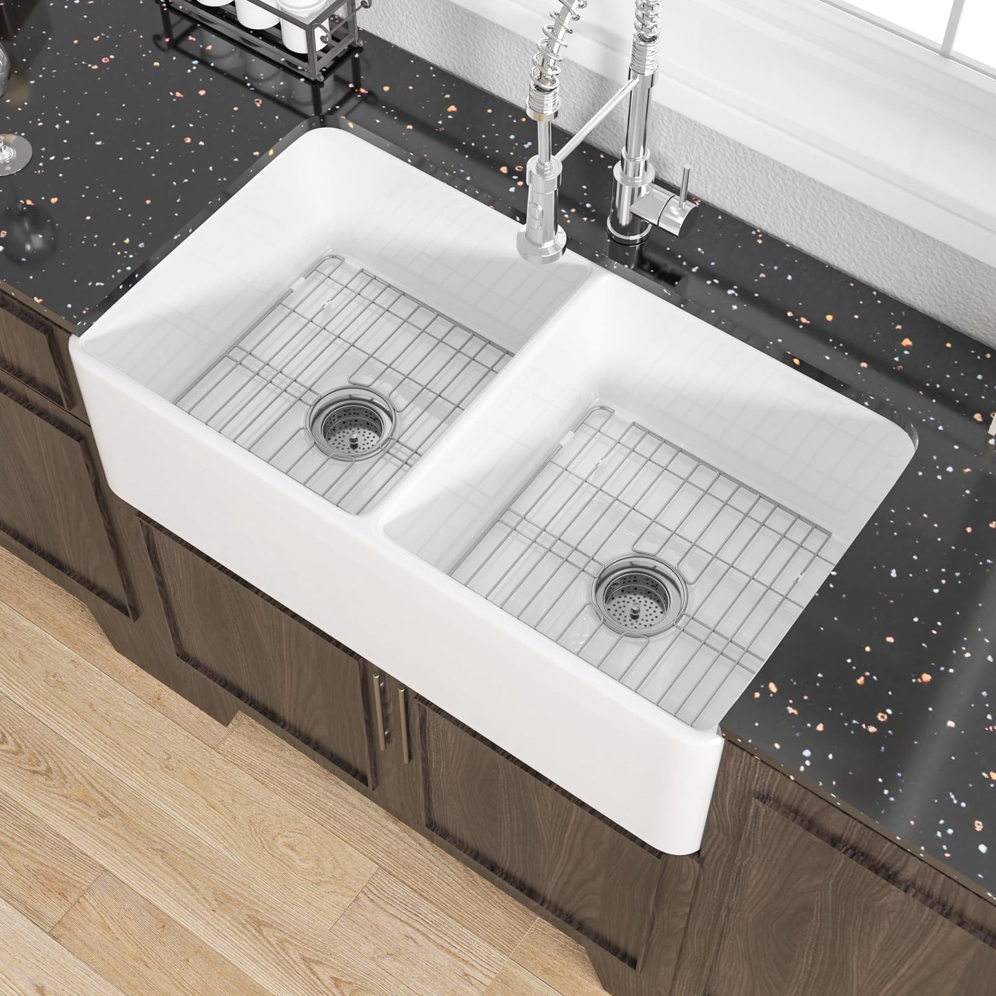 Miuara Farmhouse Sink Double Bowl 33 Inch - White Apron Front Kitchen Sink Reversible 33"x18", Undermount Farm House﻿ Style Dual Basin 50/50, Heavy Duty Solid Fireclay, for Kitchen
