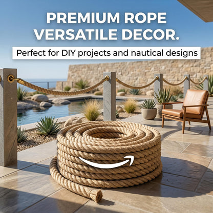 Hemp Rope - 3/4 Inch × 100 Feet - Natural Jute Twisted Manila Rope for Crafts, Hammock, Railing, Decorating