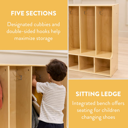 Back2School Express Sleekline 5-Section Toddler Coat Locker with Bench, Kids Furniture, Natural