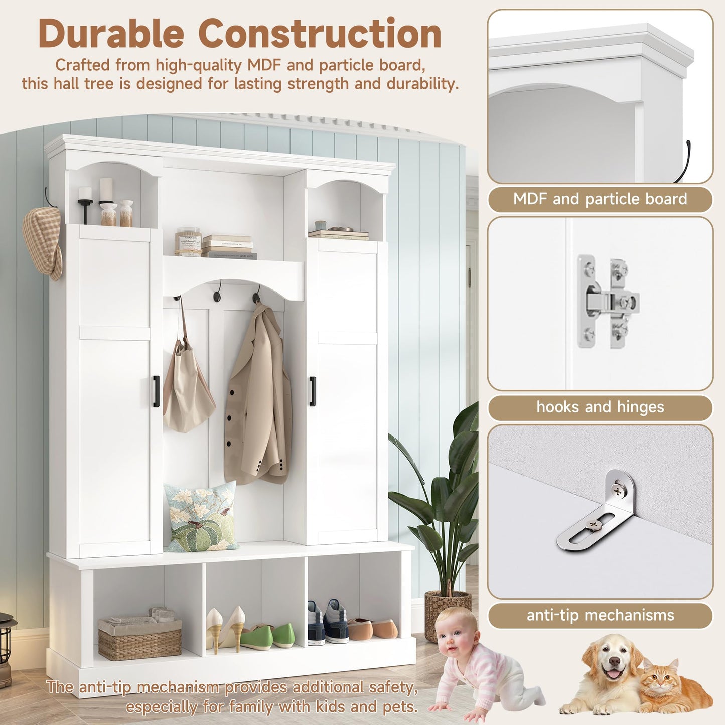 Merax Hall Tree with Bench and Shoe Storage 77.3" Tall with Adjustable Shelves, Modern All-in-One Entryway Bench with 2 Side Cabinets & 7 Hooks, Elegant Arched Design, 55.1"L x 15.7"W (White)