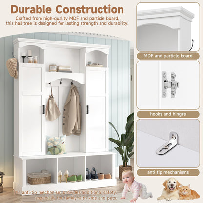Merax Hall Tree with Bench and Shoe Storage 77.3" Tall with Adjustable Shelves, Modern All-in-One Entryway Bench with 2 Side Cabinets & 7 Hooks, Elegant Arched Design, 55.1"L x 15.7"W (White)