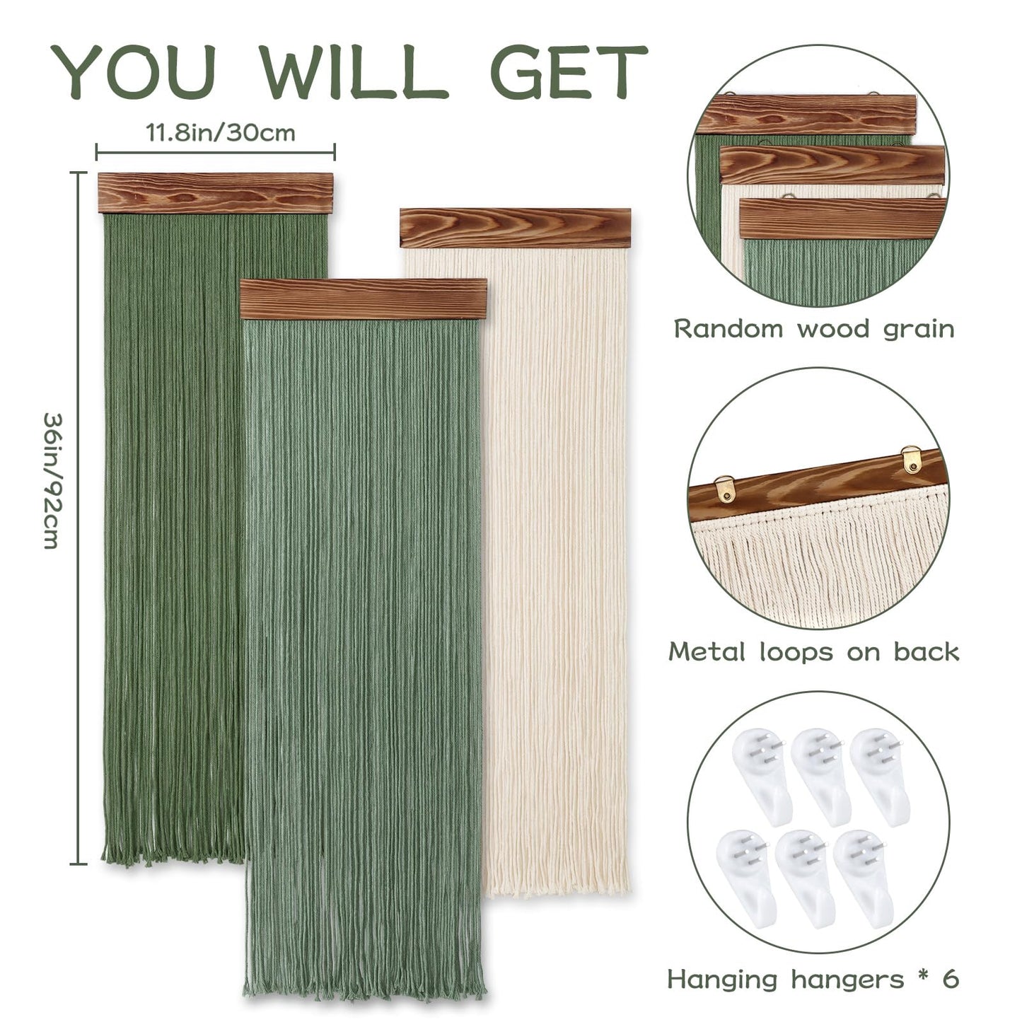 KHOYIME Macrame Wall Hanging Boho Chic Home Decor, 3PCS Bohemian Green Beige Tassel Yarn Tapestry Modern Handmade Large Wall Art Decorations for Living Room Bedroom Nursery Backdrop 11.8''W x 36''L