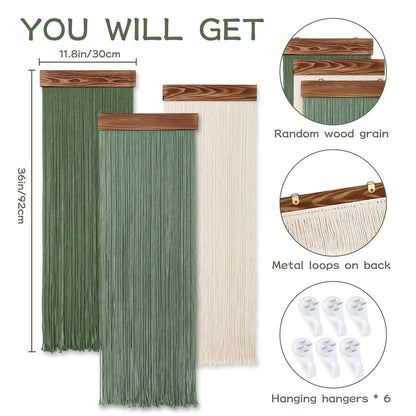KHOYIME Macrame Wall Hanging Boho Chic Home Decor, 3PCS Bohemian Green Beige Tassel Yarn Tapestry Modern Handmade Large Wall Art Decorations for Living Room Bedroom Nursery Backdrop 11.8''W x 36''L