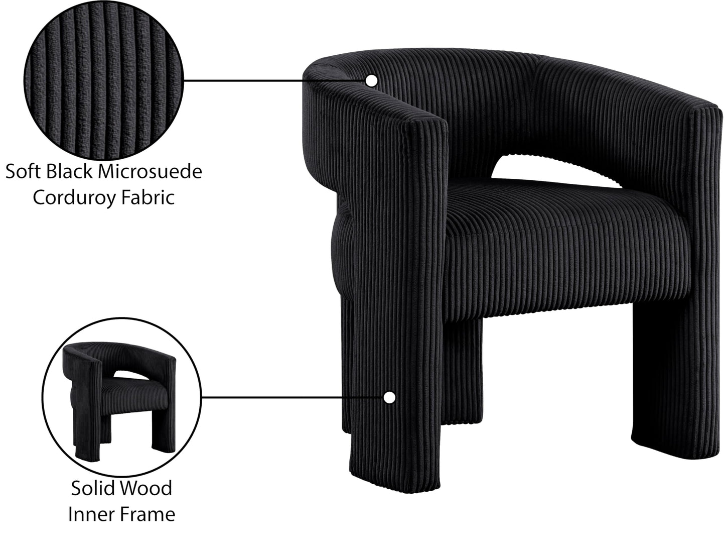 Meridian Furniture 11055Black-C Riz Collection Modern | Contemporary Accent/Dining Chair with Soft Black Microsuede Corduroy Fabric, Solid Wood Inner Frame, 26" W x 23.5" D x 28" H, Black