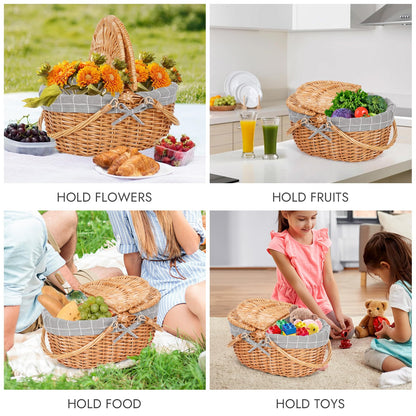 Happypicnic Wicker Picnic Basket with Handle, 15" Large Empty Picnic Basket with Lid & Removable Liner, Vintage Hand Woven Basket for Picnics, Camping, Veg Picking, Mother's Day, Thanksgiving (Check)