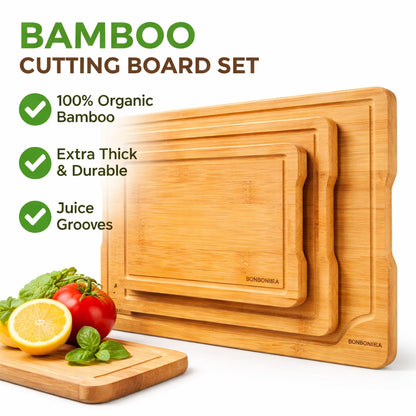 Bamboo Cutting Board Set of 3 – Wooden Kitchen Cutting Boards for Kitchen. Non-Toxic, Knife-Friendly, Durable Chopping Boards for Meat, Vegetables & Serving. Wood Cutting Board, Cutting Board Wood Set