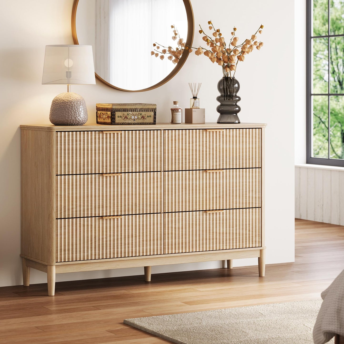 LINSY HOME Fluted Dresser for Bedroom with 6 Drawers, 54" Wide Mid Century Modern Dressers, Tall Boho Chest of Drawers, Large Wood Accent Storage Cabinet for Living Room, Curved Profile Design, Oak