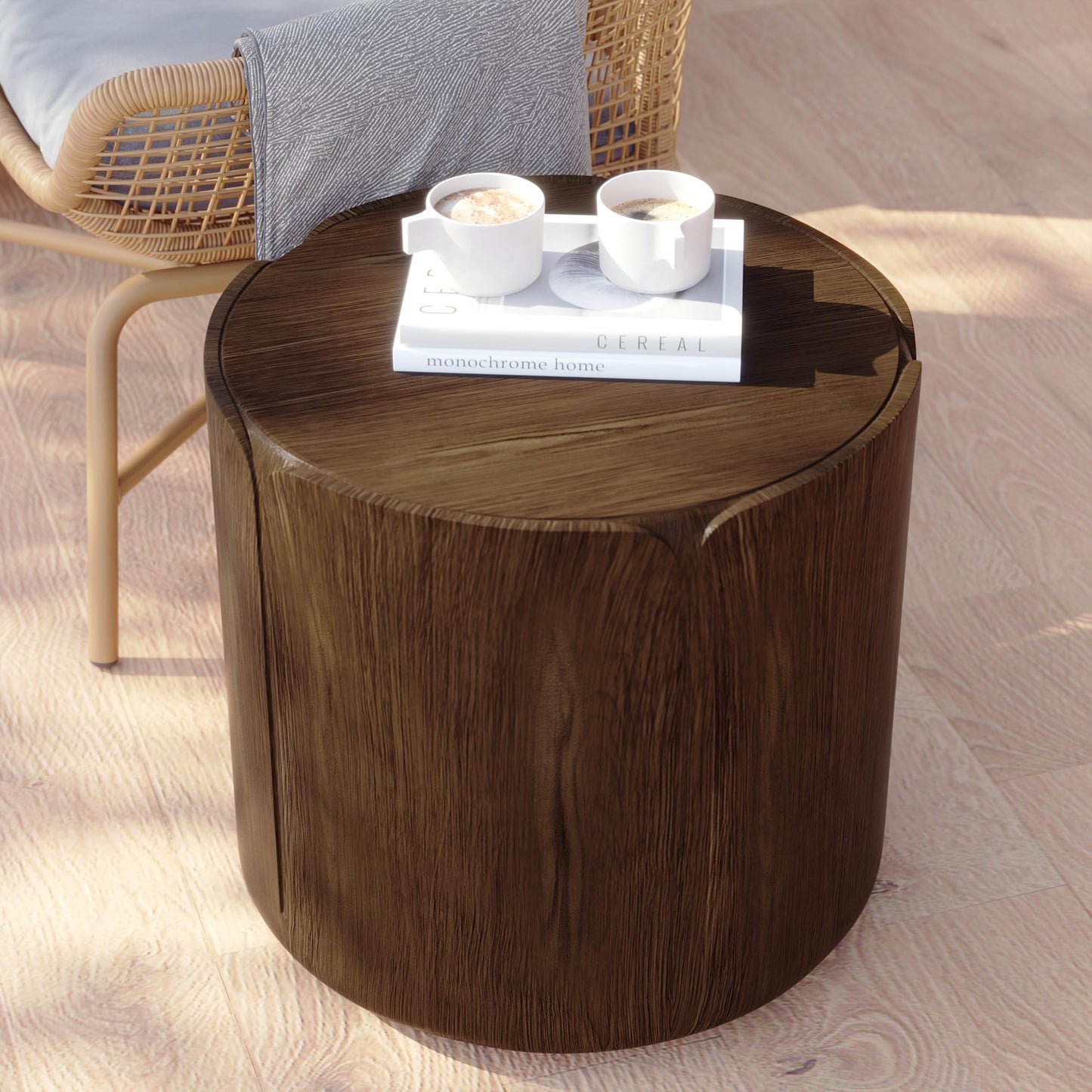 KEIKI Round MGO Outdoor Indoor Coffee Table, Mid Century Modern Side Table with Pedestal & Tabletop, Small Waterproof Center Drink End Tables for Patio Garden Living Room, No Assembly Required, Walnut