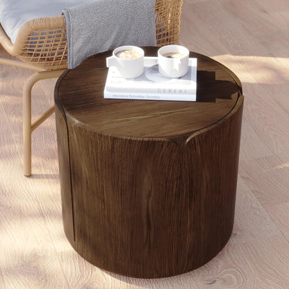 KEIKI Round MGO Outdoor Indoor Coffee Table, Mid Century Modern Side Table with Pedestal & Tabletop, Small Waterproof Center Drink End Tables for Patio Garden Living Room, No Assembly Required, Walnut