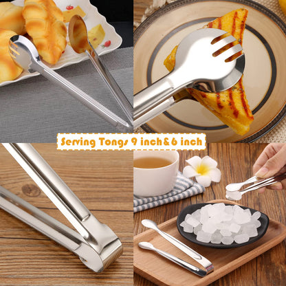 IAXSEE 10 PCS Stainless Steel Serving Utensils, Large Serving Spoons Slotted Spoons, Serving Forks, Serving Tongs, Ice Suger Tongs, Metal Utensils Set Great for Buffet Catering Banquet Party (silver)