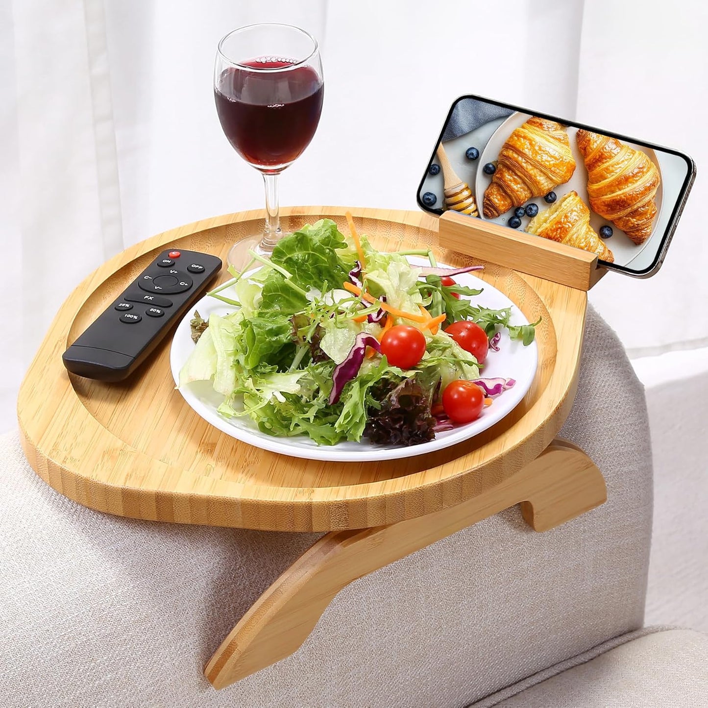 360 Couch Arm Tray Table, Bamboo Clip-on Couch Arm Tray with Phone Holder, Foldable Sofa Armrest Table for Eating