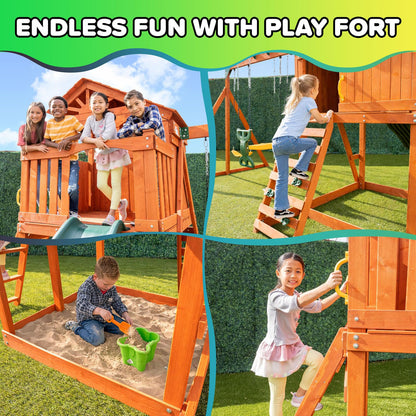 Sportspower 8-in-1 Blue Ridge Wooden Swing Set with Roofed Clubhouse & Balcony, 2 Belt Swings, 2-Person Roman Glider, 8ft Slide, Sandbox & Rock Climber, Anchor Kit Included
