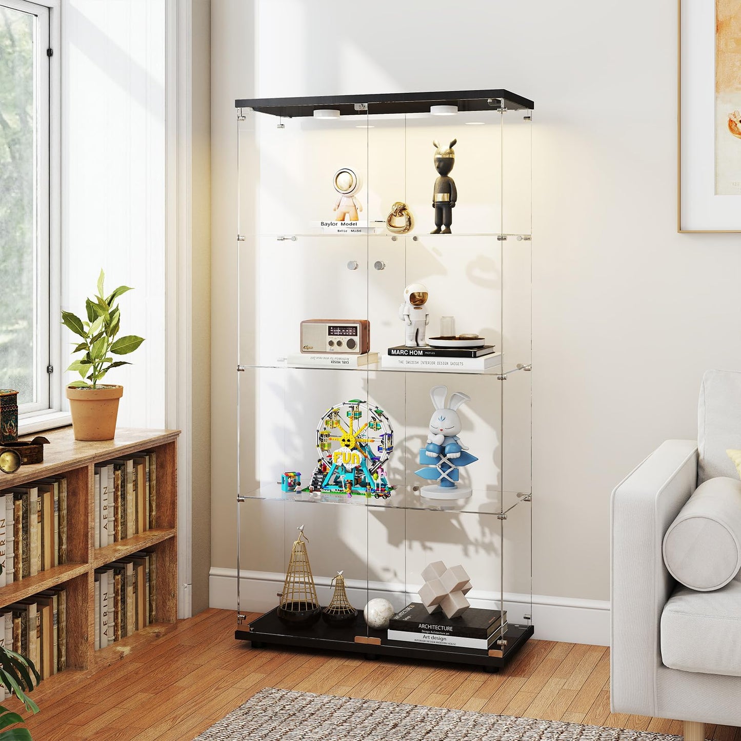 Zevemomo 4-Tier Tempered Glass Display Cabinet with Lights, Curio Cabinet with Glass Doors and Lock, Glass Display Case for Collectibles, for Living Room, Bedroom, Office, Double Door, Black
