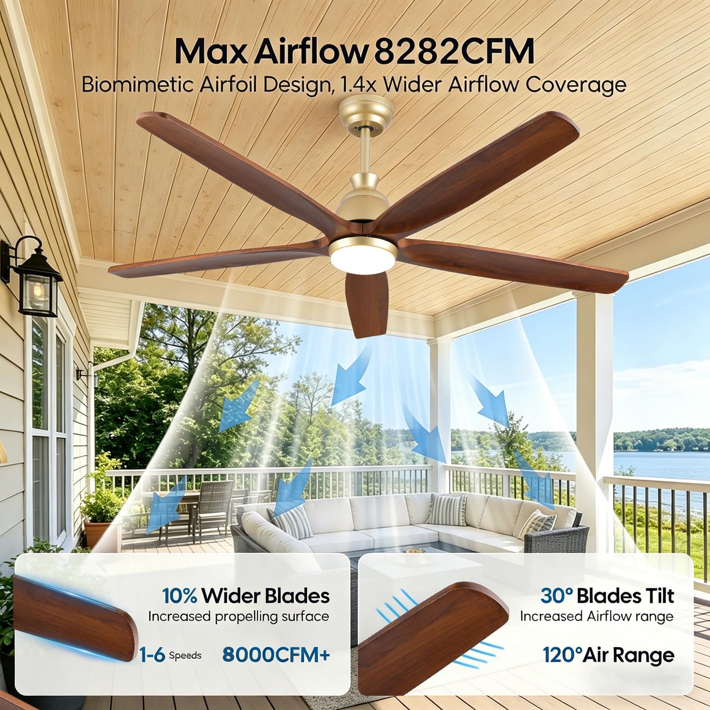 YZEENM 60 Inch Ourdoor Gold Ceiling Fan with Light, 5 Walnut Wood Blade Damp-Rated, Indoor Exterior High CFM Propeller for Patio Farmhouse, 6 Speeds Quiet Reversible DC Motor, for Living Room Porch