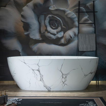 WOODBRIDGE 67" Marble-Pattern Stone Resin Freestanding Soaking Tub, Modern Oval Solid Surface Bathtub with Integrated Slotted Overflow & Drain, Matte Finish, CST0745